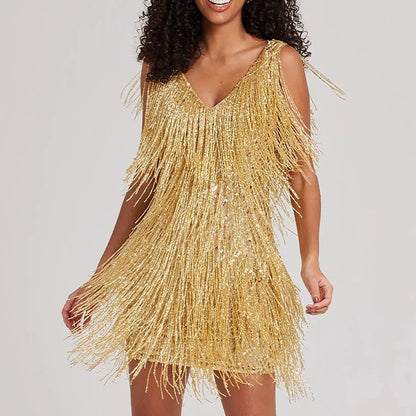 Sexy Tassels Sequin Cocktail Mini Dress Women Sleeveless V-Neck Robe P