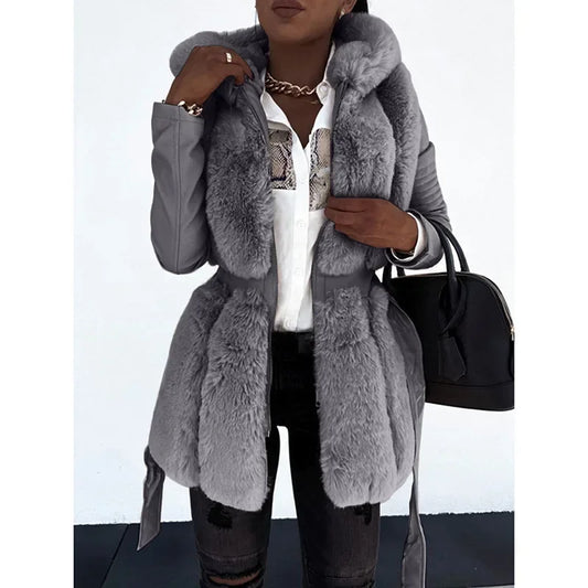 Fur Jacket for Women with Belt and Hood Solid Zip Coat Women Clothing Thick Warm Winter PU Leather Fur Coats and Jackets 5XL