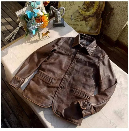 Brand Classic casual real leather jacket.Retro Frosted cowhide car coat.Father Vintage brown leather cloth.Natural