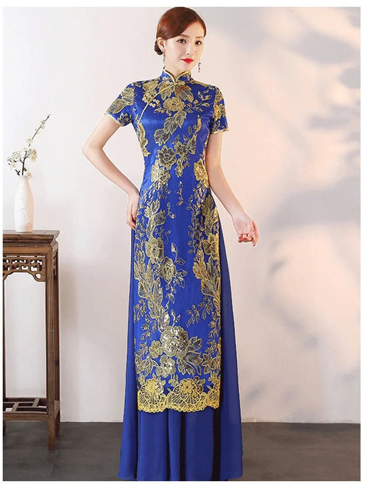 2025 Ao Dai Cheongsam Luxury Chinese Style Dress Sequin Embroidery Stage Show Costume Women Oriental Dress Big Size 4Xl5Xl