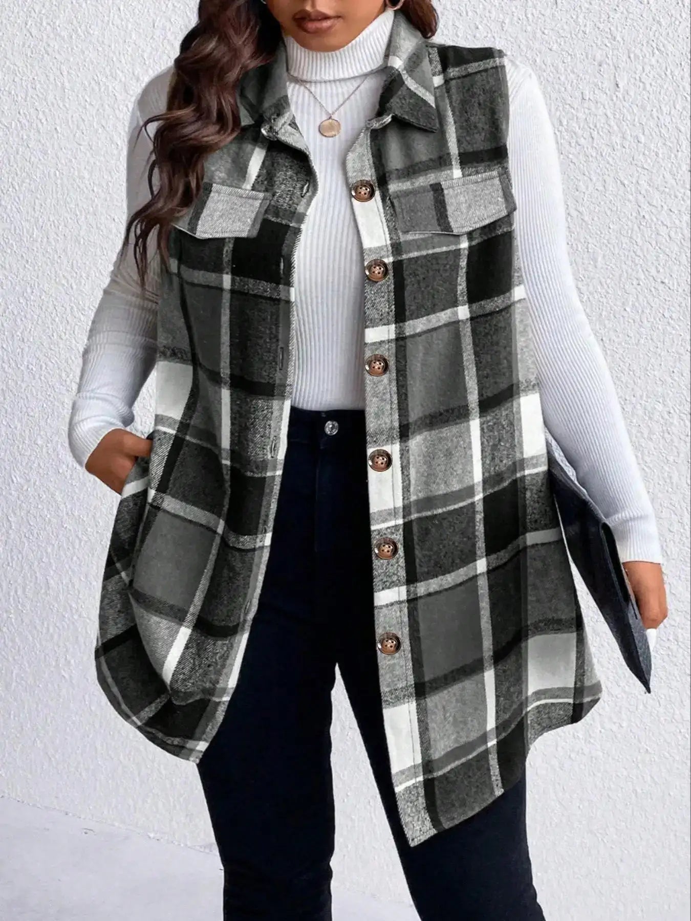 Women'S Plus Size 1Xl-5Xl Plaid Print Flap Detail Sleeveless Coat Ladies Fashion Sleeveless Thick Thermal Vest Women'S Outwear