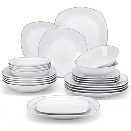24 Piece Porcelain Dinnerware Set With Silver Rim For 6 White Square Dishes And Bowls Chip Resistant Ceramic Tableware Series E
