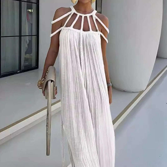 New Vacation White Off Shoulder Halter Neck Party Dress Women Elegant Sleeveless Hollow Out Loose Summer Beach Dress Female