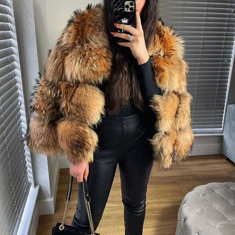Maomaokong 2024 Real Fur Coat Women Natural Raccoon Fur Jacket Luxury Winter Leather Fur Outerwear Female Clothes Fox Fur Coat