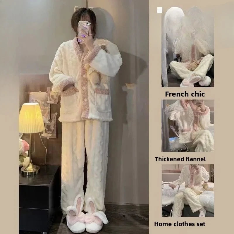 Women'S Winter Coral Fleece Padded Sleepwear Set “ Long Sleeve Thickened Polyester Home Clothes, Sizes M“Xxl