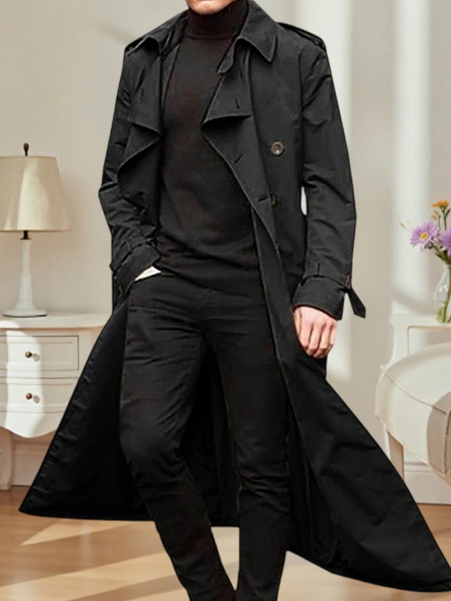 Men'S Classic Wool Blend Trench Coat - Removable Belt, Notched Lapel Collar, Warm Winter Overcoat