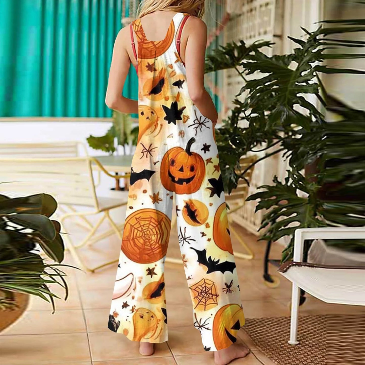 Women Fashion Halloween Print Casual Vintage Sleeveless Button Jumpsuit Cargo Pants Women Pantalones De Mujer Korean Fashion