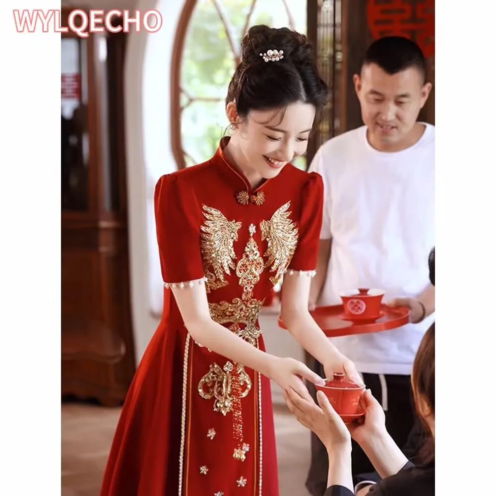 Chinese Bridal Toasting Cheongsam “ Red Traditional Qipao Dress For Vintage Wedding & Elegant Evening Parties