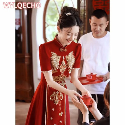Chinese Bridal Toasting Cheongsam “ Red Traditional Qipao Dress For Vintage Wedding & Elegant Evening Parties