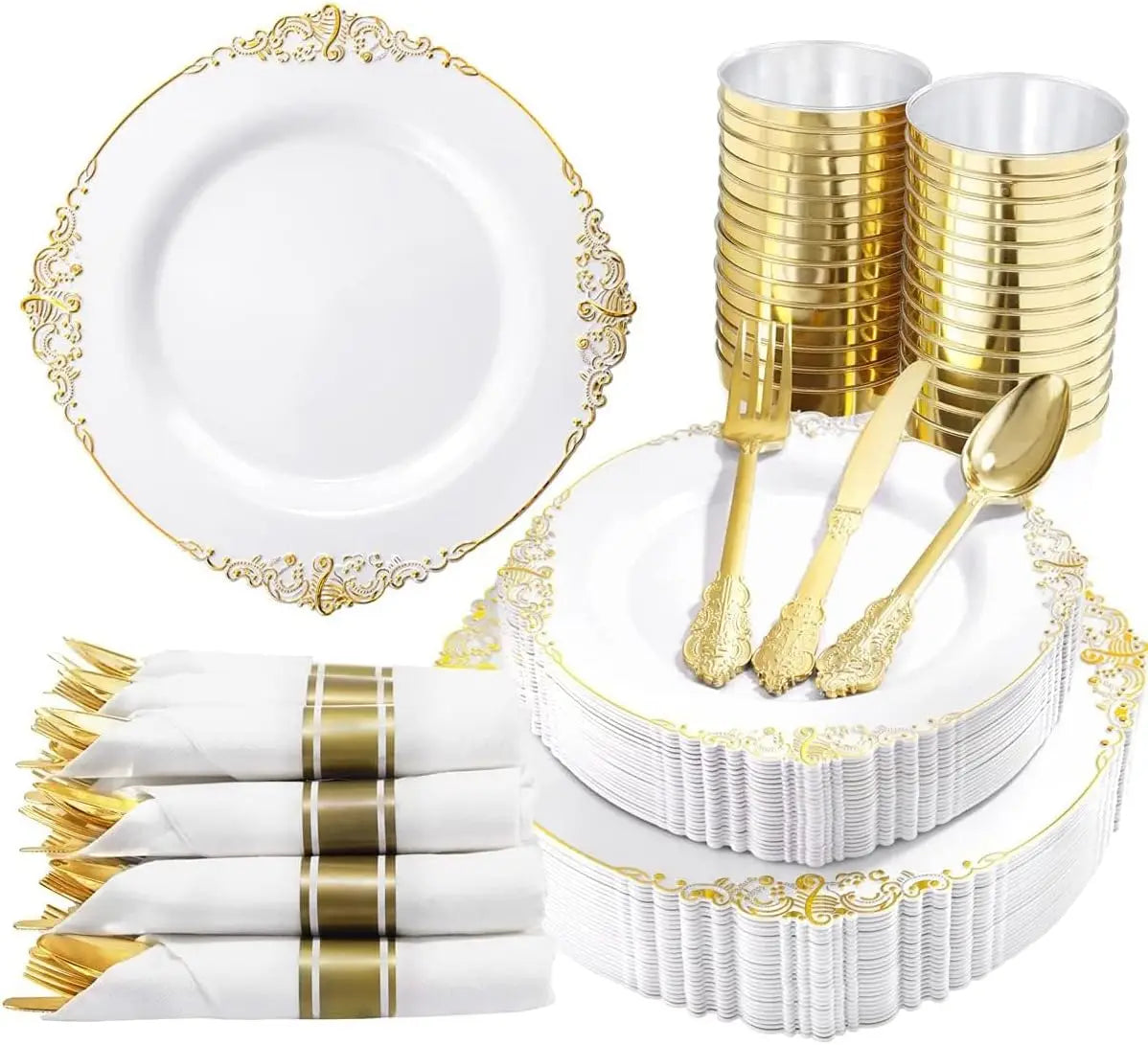 350Pcs Gold Plastic Dinnerware Set For 50 Guests - Disposable Plates, Silverware, Cups, Napkins For Wedding Party Thanksgiving