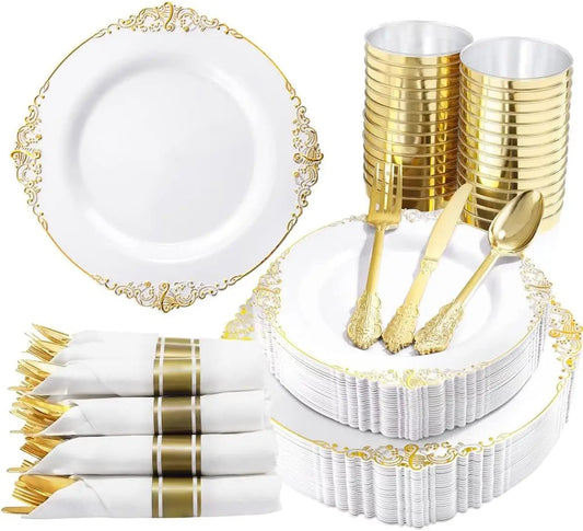 350Pcs Gold Plastic Dinnerware Set For 50 Guests - Disposable Plates, Silverware, Cups, Napkins For Wedding Party Thanksgiving