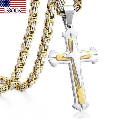 Cross Pendant Necklaces For Men Stainless Steel 3 Layer Knight Cross M