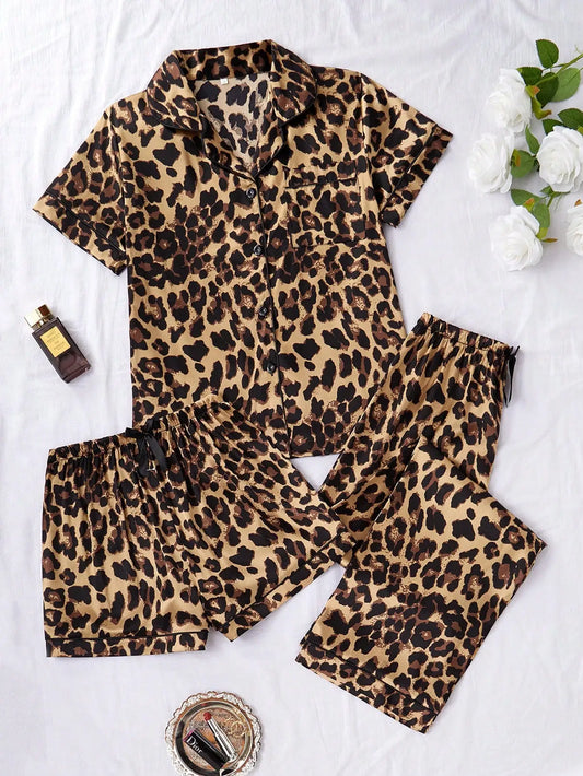 Women'S Leopard Print 3-Piece Pajama Set With Short Sleeve Top, Shorts & Pants For Spring Summer