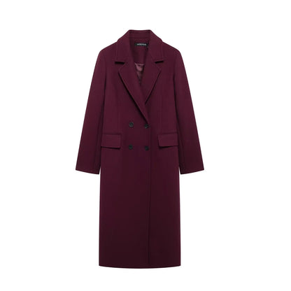Women'S Burgundy Double Breasted Woolen Coat - Lapel Long Sleeve Wool Blend Jacket Autumn Winter Outerwear