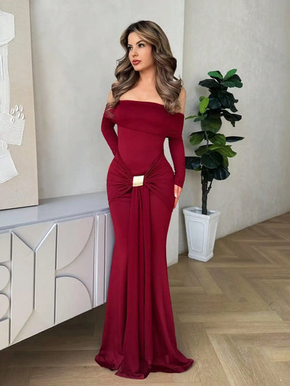 Burgundy Off-Shoulder Long Sleeve Maxi Dress With Ruched Waist And Gol