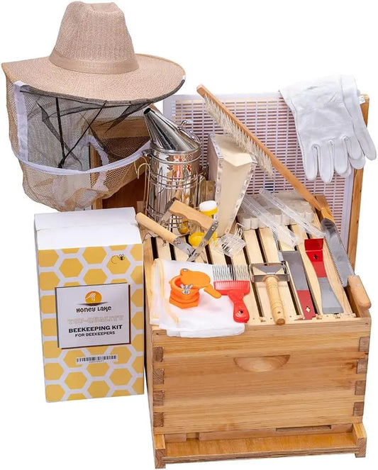 Honey Lake 10 Frame Beehive Starter Kit and Beekeeping Supplies Tool Kit, Beeswax Coated Assembled Deep Bee Box