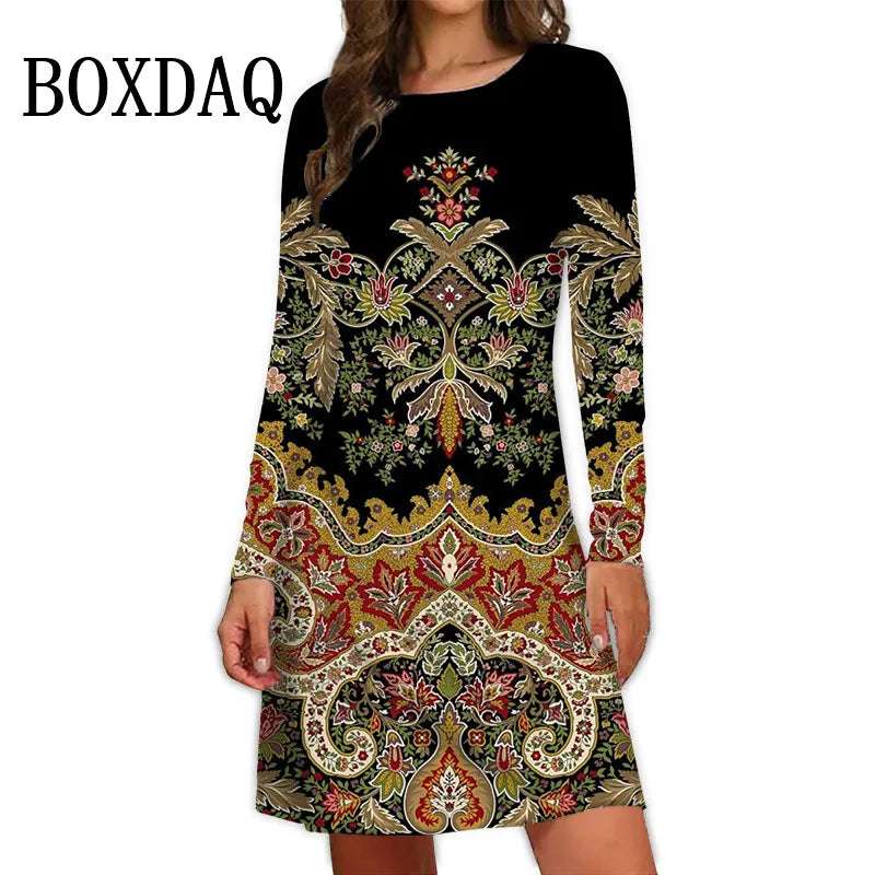 2024 Fall New Arrival Women Dresses Ethnic Style Bohemian 3D Printing Dress Vintage Casual Loose Long-Sleeve Fashion Clothing