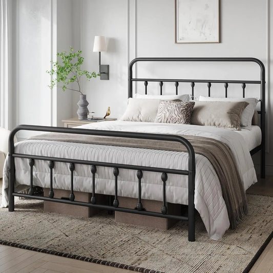 Classic Metal Platform Bed Frame Mattress Foundation With Victorian Style Iron-Art Headboard/Footboard/Under Bed Storage