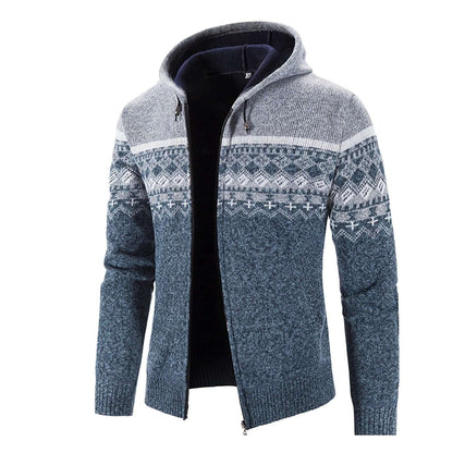 Fall Winter Men's Hooded Sweater Cardigan Jacket Color Block Long Slee