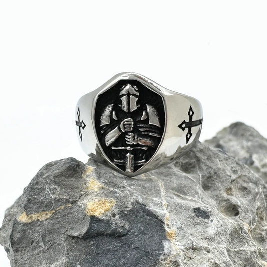 Solid Warrior Cross Ring 316L Stainless Steel Jewelry Helmet and Armor Hero Man Ring size 7-13