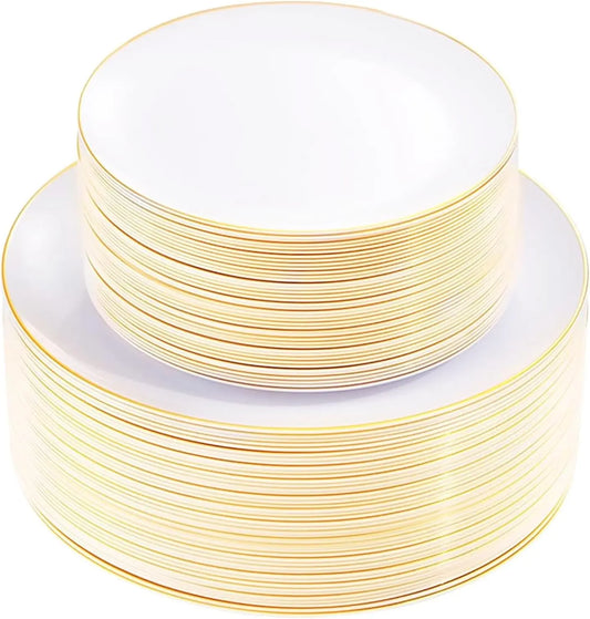 100Pcs White Disposable Plates With Gold Rim For Christmas Party And Wedding, Includes 50 Dinner And 50 Dessert/Salad Plates