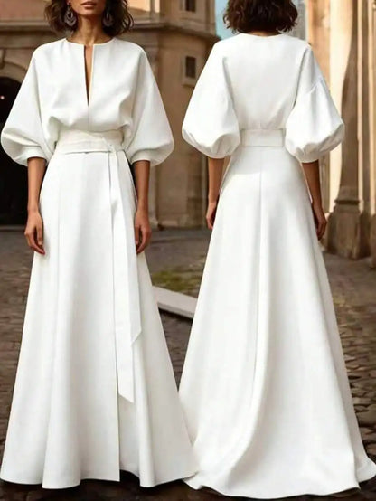 Women'S White V-Neck Batwing Sleeve A-Line Maxi Dress - Tie Waist With Pockets