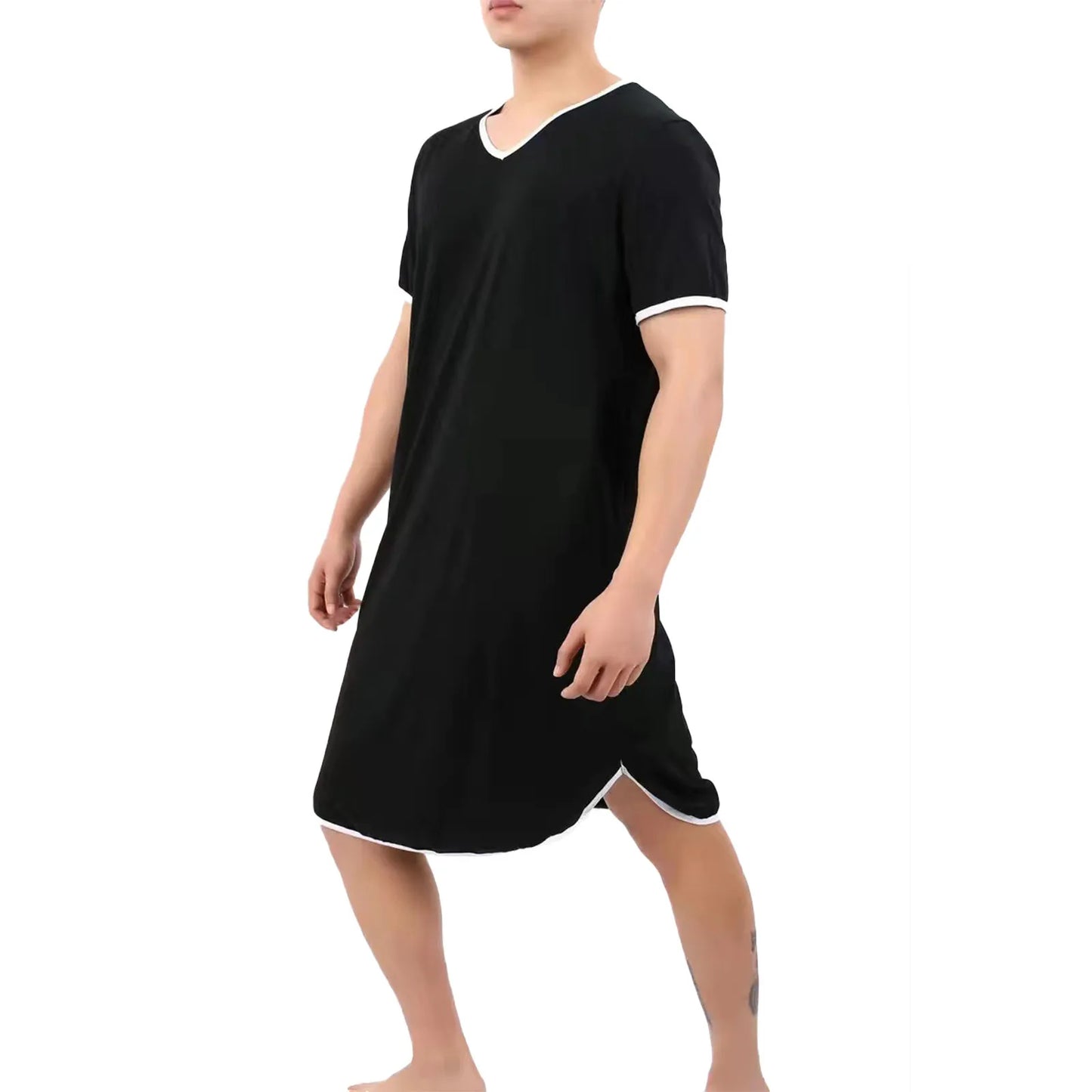 Medium Length Men's Cotton Bathrobe Nightwear Comfy Nightgowns Short Sleeve V Neck Loose Pajama Sleepwear Male Loungewear