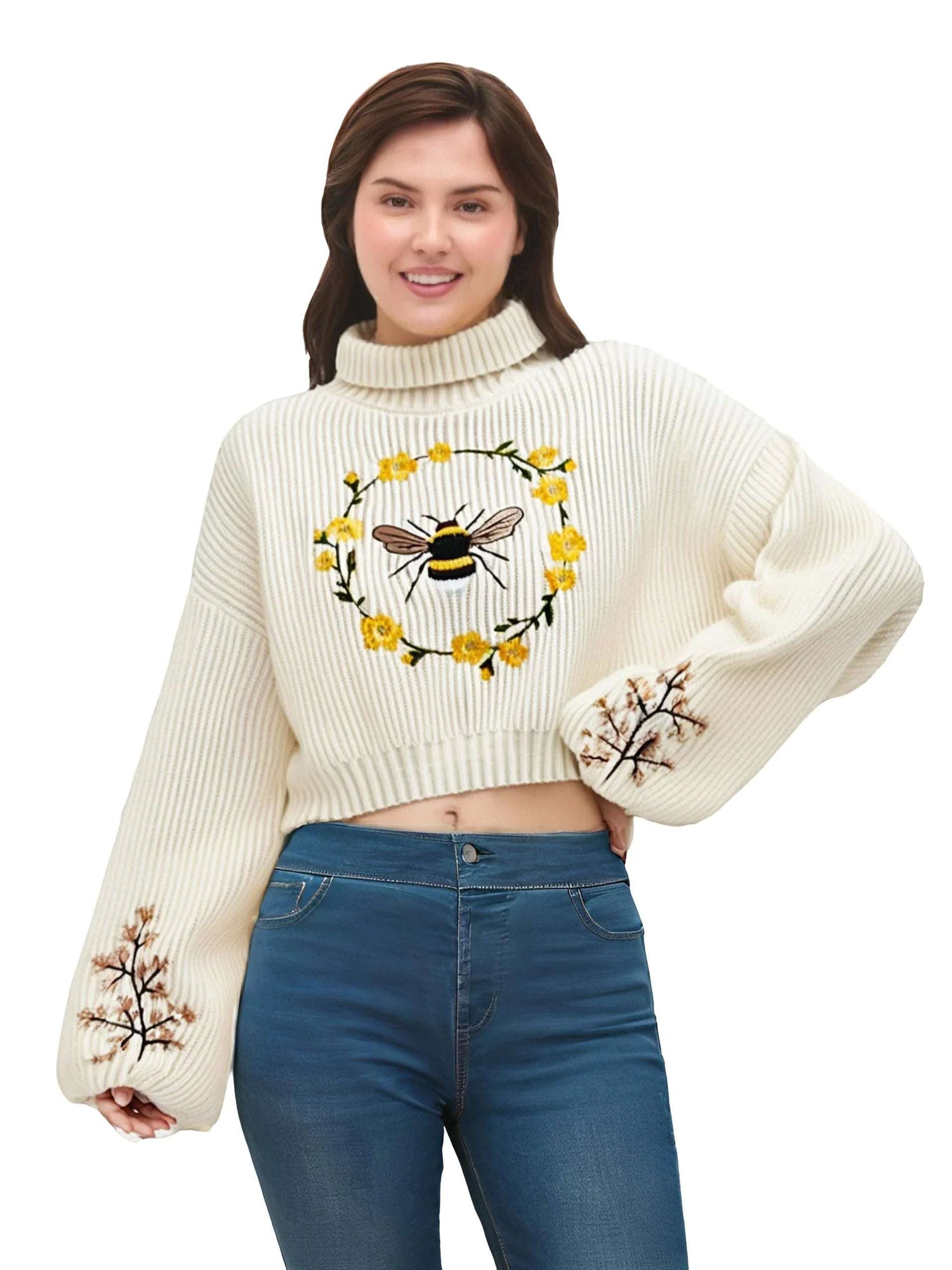 New Autumn and Winter Plus Size Pullover Women Sweater High-Neck Bee Embroidery Fashionable Casual Loose Knitted Short Women'