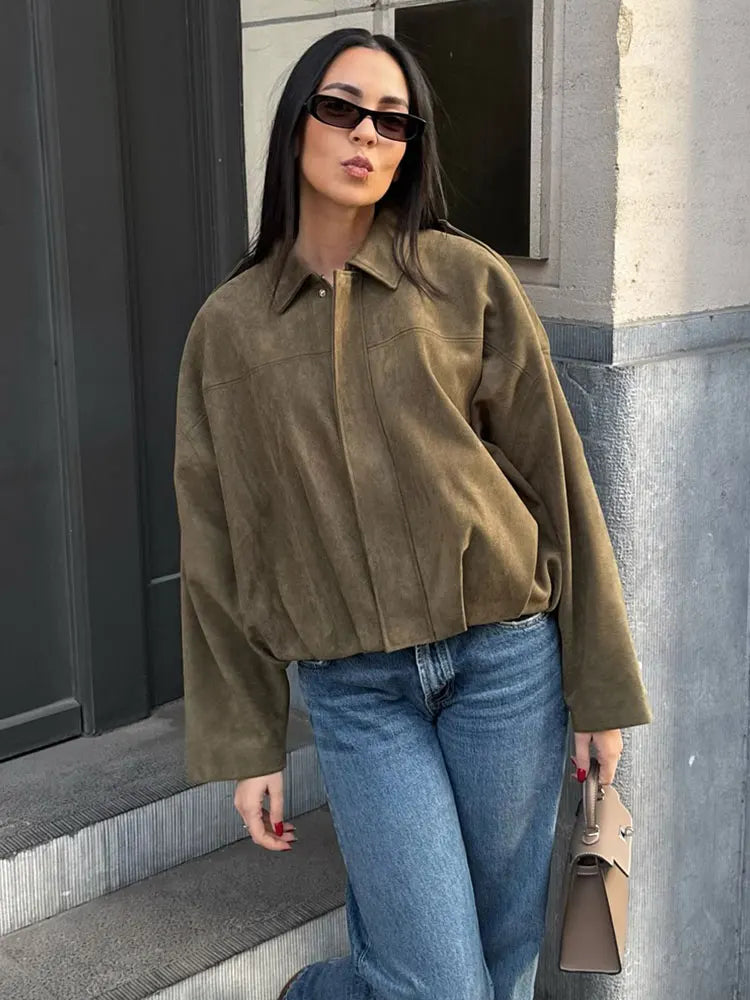 Women'S Brown Green Suede Jacket Loose Casual Bomber Coat Lapel Zipper Long Sleeve Jackets Vintage Lady Motorcycle Outwears