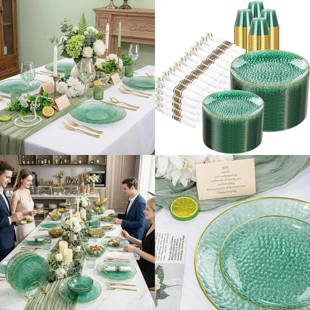 Set Of 700 Green & Gold Dinnerware: 100 Dinner Plates, 100 Cake Plates, 100 Cups, 100 Silverware