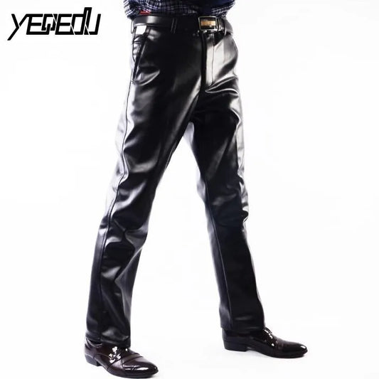 #2202 Faux Leather Pants Men Fashion Casual Plus Size 29-42 Motorcycle Trousers Men PU Leather Pants Black Straight High Quality