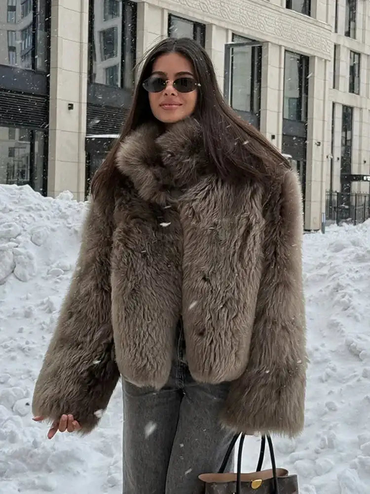 Women Solid Faux Fur Long Coat Lapel Long Sleeve Fluffy Loose Casual Outerwear 2025 Fashion Winter High Street Outwears