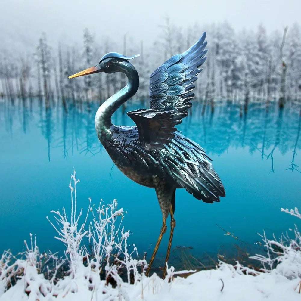 Crane Garden Statue Sculpture, Metal Heron Outdoor Decor, Yard Art Bird Decoy for Backyard Pond Patio Porch Lawn Decorations