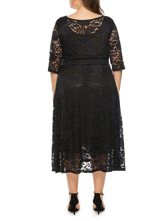 V-Neck A-Line Dress with Floral Lace Overlay and Pockets Suitable for BeaParties and Evening Events in Plus Size