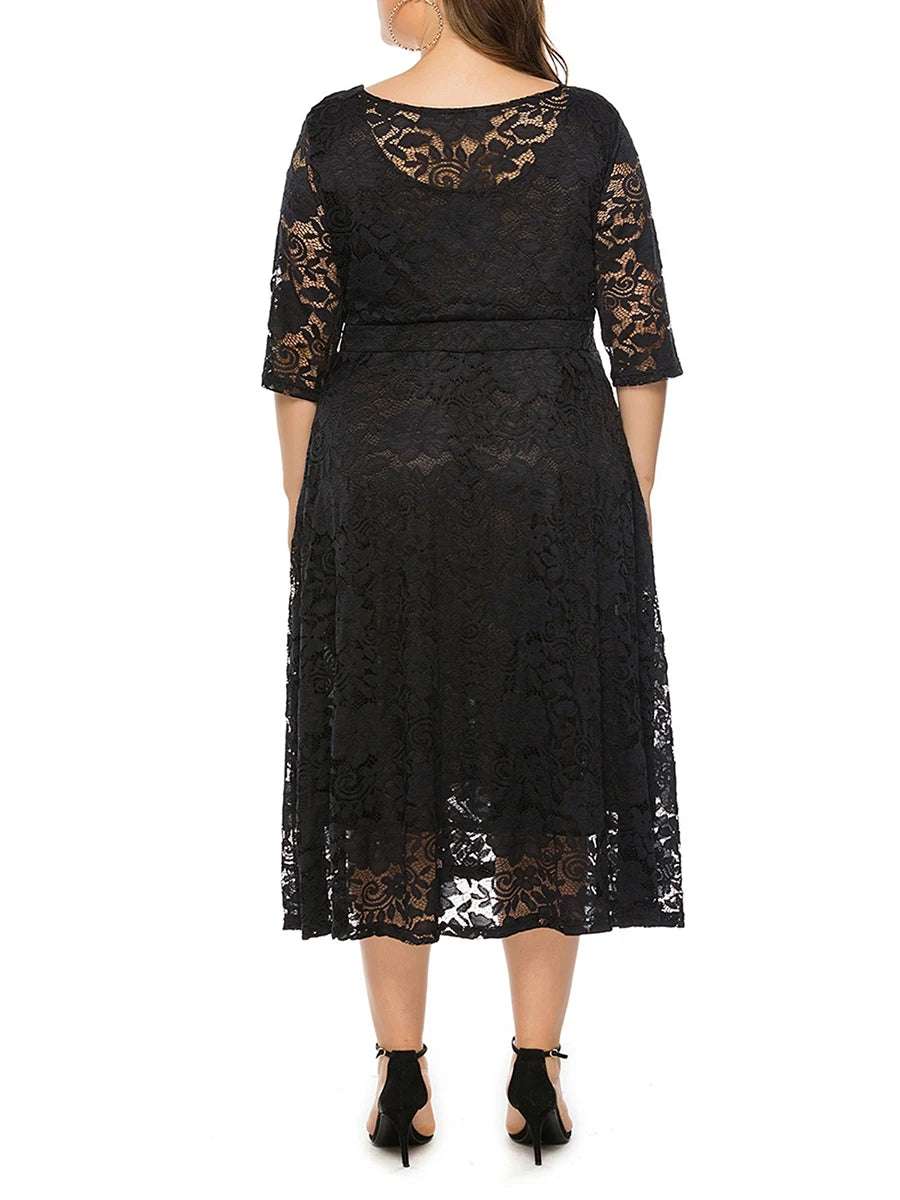 Elegant V-Neck A-Line Dress with Floral Lace Overlay and Pockets Suitable for BeaParties and Evening Events in Plus Size