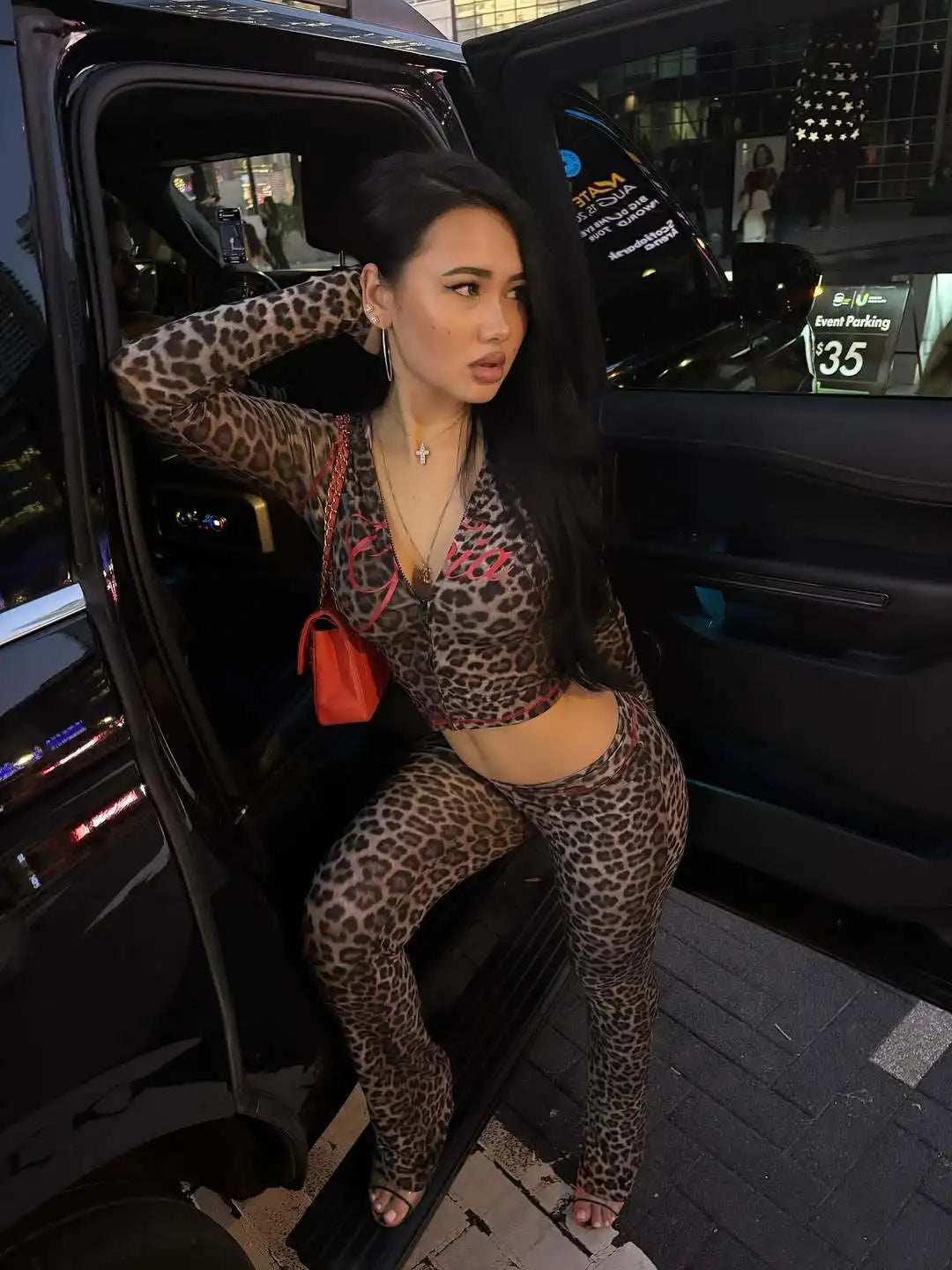 New Cross-Border Ins Fashion Print Trendy Street Casual Leopard Print Zipper Long-Sleeved Coat And Pants Set