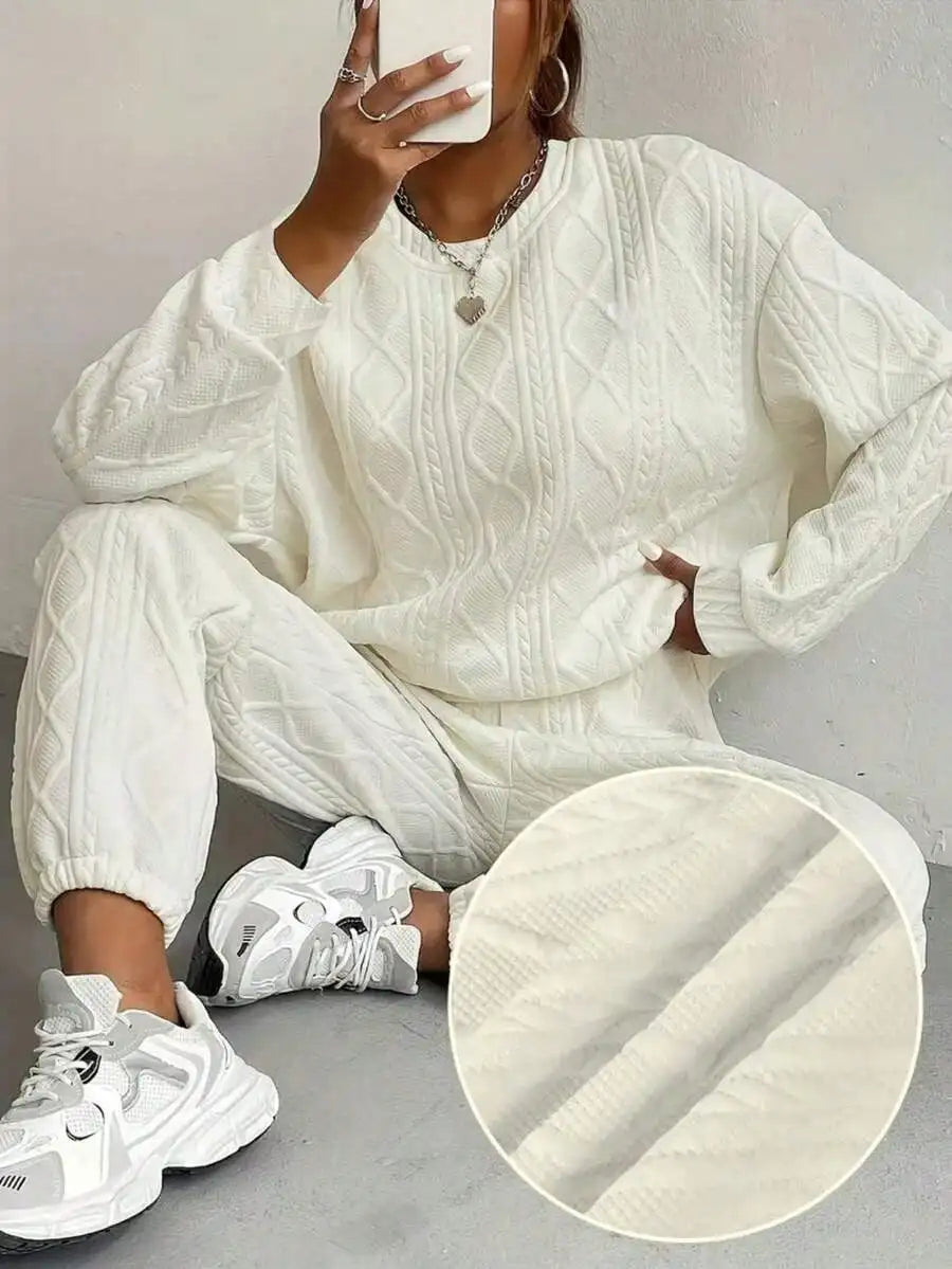 Relaxed Texture Pullover Pants, Long-Sleeved Round-Neck Sportswear And Jogging Pants Combination,
