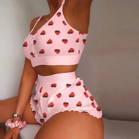 Women Sleepwear Lips Butterfly Print Home Suspended Pajamas Set Vest Bra Top Short Nightwear Lingerie WoMen's Nightgown