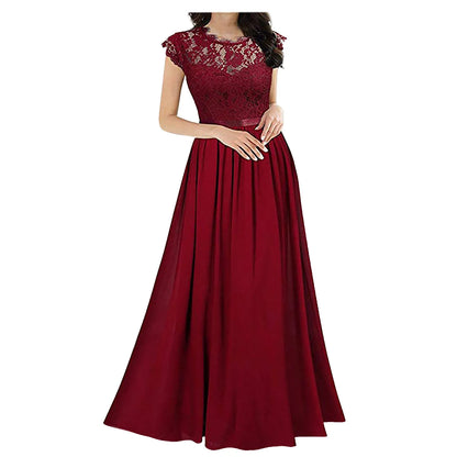 Elegant Lace Evening Party Dress Women V-Neck Short Sleeve Chiffon Dre