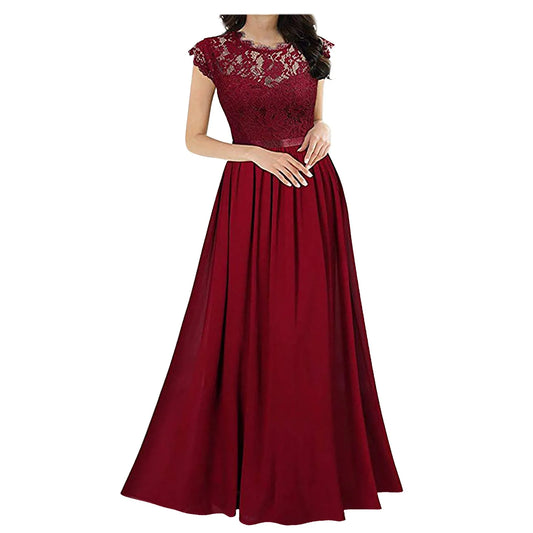 Elegant Lace Evening Party Dress Women V-Neck Short Sleeve Chiffon Dre