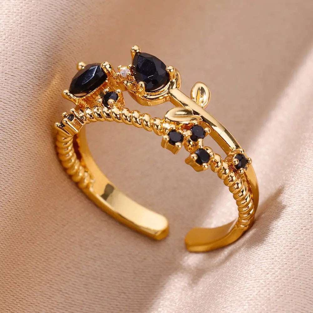 Heart Black Zircon Flower Double Layer Open Rings For Women'Stainless Steel Aesthetic Ring Wedding Jewelry Accessories Gift Bff