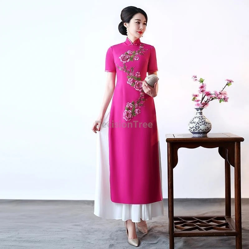 2025 Vietnam Aodai Vintage Improved Cheongsam Graceful Mandarin Collar Embroidery Qipao New Fairy Patchwork Daily Qipao Dress