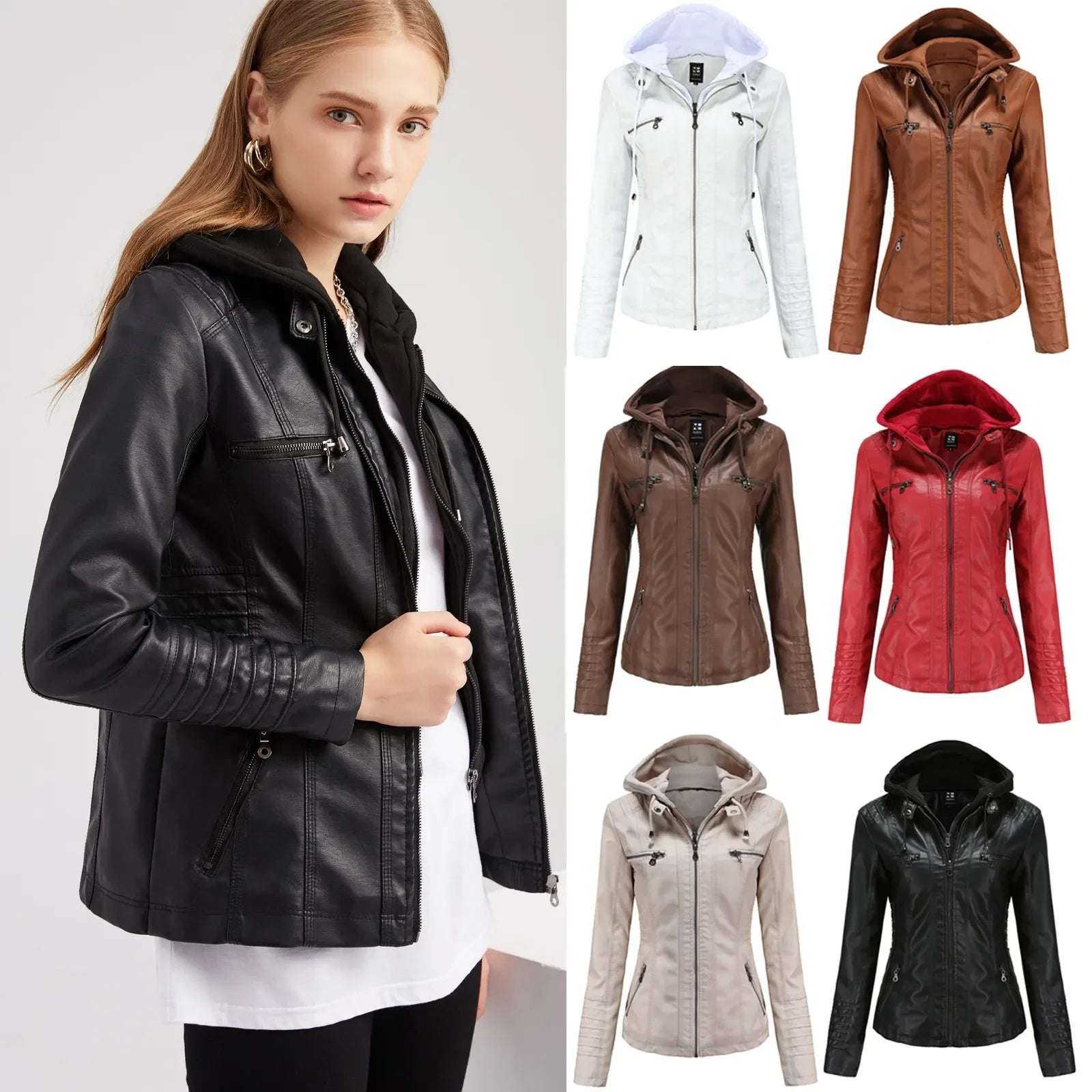 Women Fashion Slim Stand Collar Leather Motorcycle Jacket Handsome Cool Pu Leather Belt Coat Jacket Tops