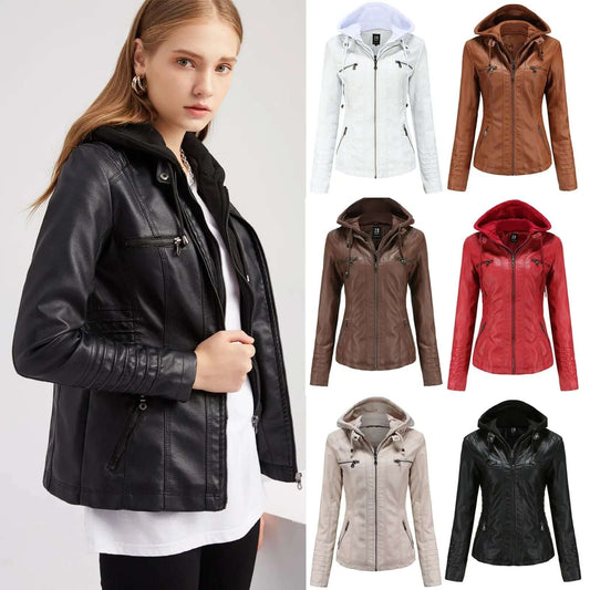 Women Fashion Slim Stand Collar Leather Motorcycle Jacket Handsome Cool Pu Leather Belt Coat Jacket Tops