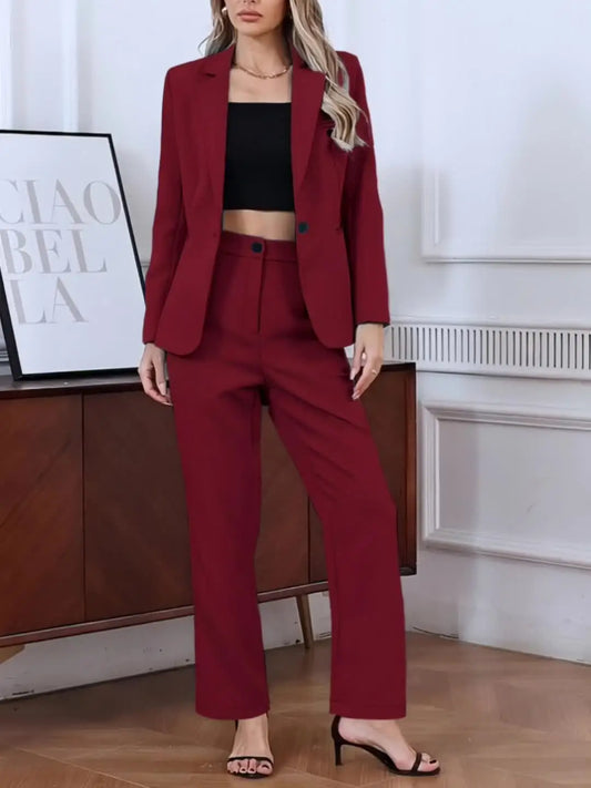 Women'S Solid Color Two-Piece Suit - Single-Button Single-Breasted Blazer & Trousers Set