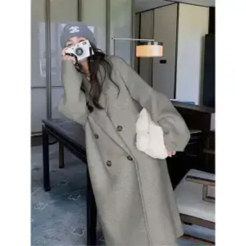 Women Autumn and Winter Woolen 2025 New Spliced   suit Collar Button Pocket Fashion Mid-length Coat