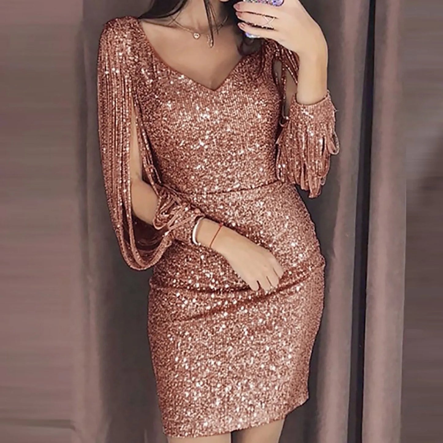 Women's & Kids' Mini Sequined Wedding Guest Dress – Long Shining Sleeve Formal Gown