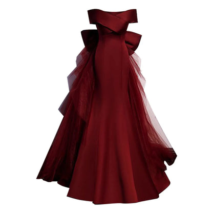 One Shoulder Trumpet Long Dresses Wine Red Evening Gown Dress Back Big
