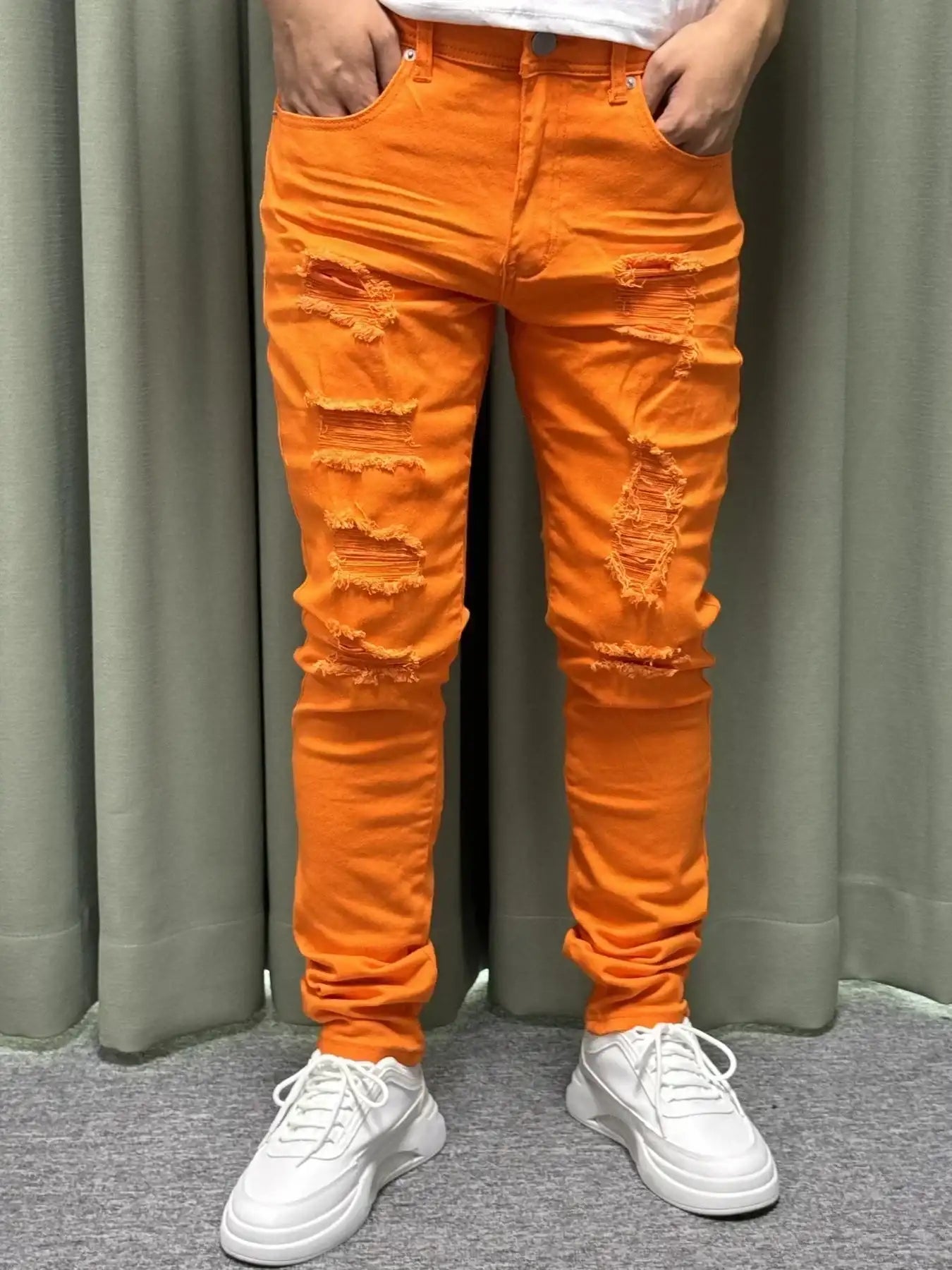 Men stretch twill pants, full ripped design, available in a variety of colors, front and back knee plus three-dimensional crea