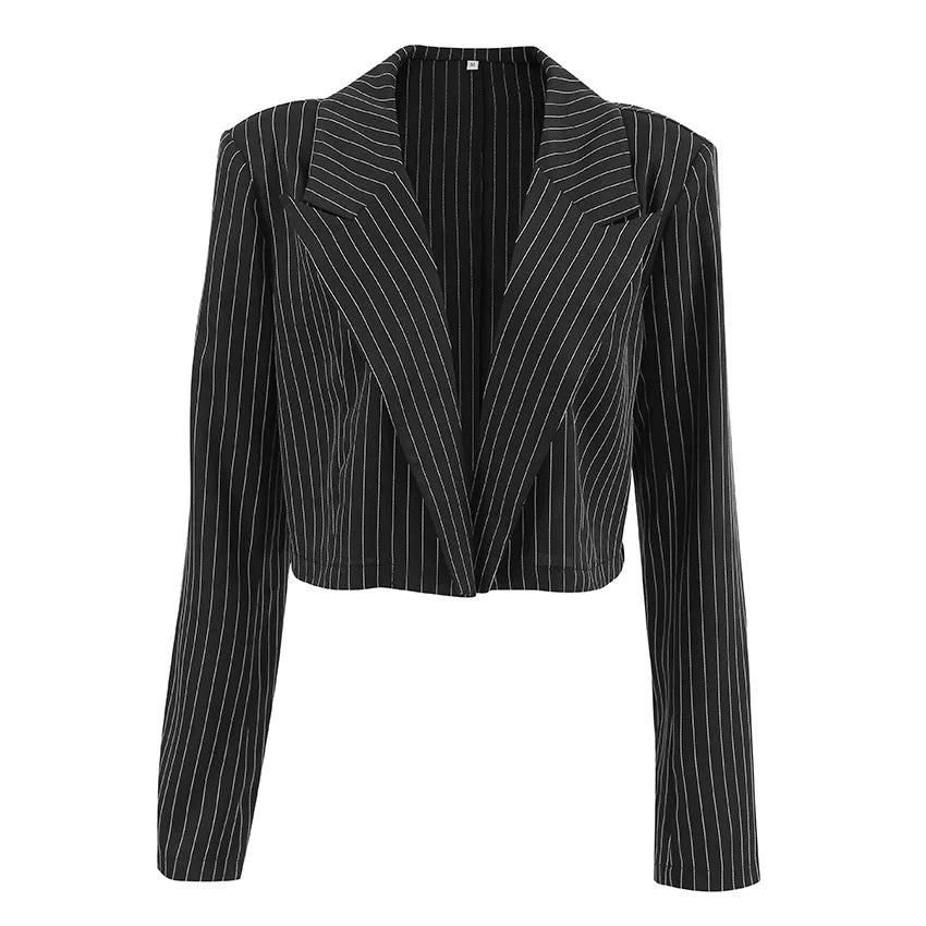 Vintage Striped Cropped Blazers Woman New Long Sleeve Notched Collar Slim Short Jacket Fashion All-match Office Lady Suit Coat